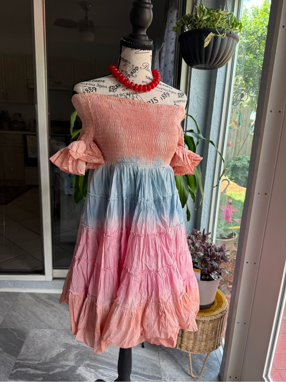 Off-Shoulder Tiered Ombre Sundress in Peach, Blue & Pink